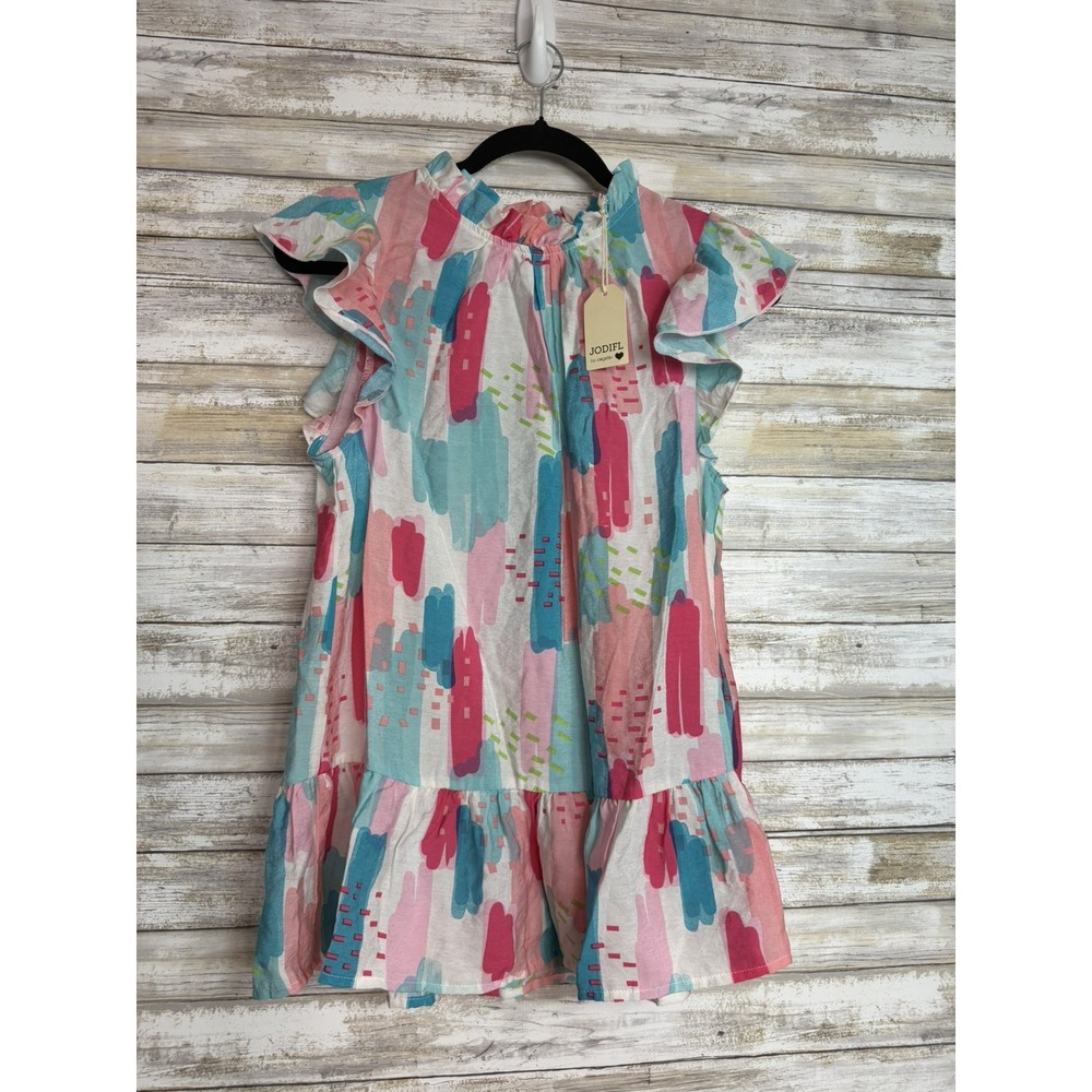 Jodifl Top Womens Small Colorful Abstract Ruffle Neck Flutter Sleeve Summer Boho